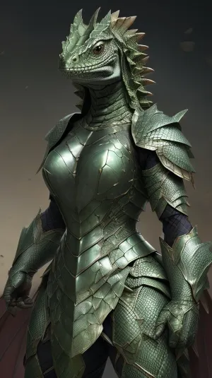 Armored lizard, beautiful armor, scales, engraved, elegant design, armored lizard face, combat pose, wings, flat chest, banner, (green:1)