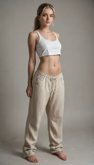 masterpiece, photorealistic, maximum details, an extremely beautiful young woman, massive boobs, blonde hairy pussy, very slim waist, long straight blonde hair tied to a ponytail, twerking, legs wide spread, wearing baggy pants and extremely short baggy tanktop, underboobs, full body