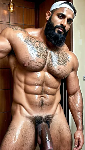 ('Aslam Pathan' and 'Afzal Khan' wearing Pakistani Police uniform), Very ruggedly handsome Big Muscular Indian Muslim bodybuilder getting naked inside the Mosque bathroom, ((large circumcised black dick)), (Handsome and Hot Muslim hunk with very long beard), dark and rough Muslim men, (40 year old, Muslim, tall muscled Arab Indian dark male, rough, dominant, daddy, (hairy armpits and Chest), bodybuilder, perfect fingers, oily Sweaty body, dilf, Big seductive eyes, Wet body, rain drops, ultra sharp high definition details, pubic hair, professional photography, insanely detailed, RAW photo, HDR, hyper-realistic, cinematic lighting, photo realism, ((Married Muslim Man is Wet from Sweat, white Mesh Muslim prayer Cap, intricate tattoos)), lustful eyes, menacing attitude, softlight, dark illumination, bathroom tiles having arabic language displayed), penis, Big, cock, <lora:xpenis-1.5e:.5>, <lora:pein:.5>