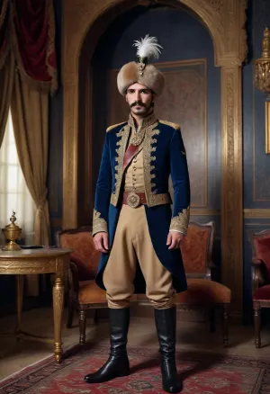 1 man, ottoman officer in 19th century uniform, long mustache, flat fur hat with big gem and feather, black leather boots, light brown velvet harem pants, dark blue velvet jacket with gold embroidery, belt with dagger, picture shows a luxury room, arabian palace