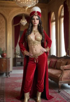 1 man and 1 woman, man is a ottoman officer in 19th century uniform, long mustache, flat fur hat with big gem and feather, brown leather boots, light brown velvet harem pants, red velvet jacket with gold embroidery, belt with saber, picture shows a luxury room, arabian palace, woman at his site is a naked black haired 25yo persian harem lady with brown eyes and golden necklaces and belly chain