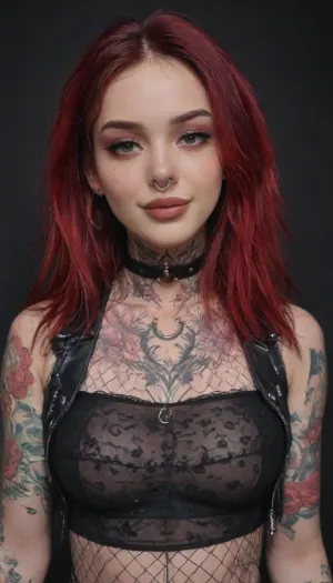 1girl, long dark red hair, cheerful smile, (bright colorful tattoos), (chest tattoo, arm tattoo, neck tattoo), (piercings), ((beautiful nosering, nose-ring, septum-ring, nose-ring in nostril)), pink-emo, <lora:pink-emo-sx:.8>, (black slutty, (see-through), fishnet tube-top with a wide open pattern), under open black leather cropped vest, 8k, high definition