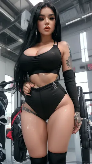 A 19-year-old girl with a gothic appearanc has long, black hair that falls over her shoulders and a lot off gothic tattoo. She features a large, round bust, a strong waistline, wide hips, and full, round buttocks. She is dressed in a tight sports top that accentuates her figure, along with form-fitting sports shorts that highlight her curves., titjob, close, up, cum, on, breasts, face, <lora:TitFuck-v1:.7>