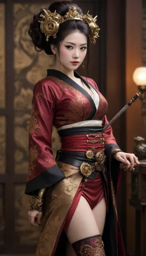 **Prompt for AI Image Generator, **

"A steampunk geisha from a steampunk samurai novel, blending traditional Japanese elegance with the industrial aesthetic of steampunk. She is a striking figure with porcelain skin, her face partially obscured by intricate mechanical elements and a delicate mask inspired by the traditional Noh theatre. Her eyes are sharp and confident, framed by long, dark lashes, with an air of mystery and grace. She wears a beautifully detailed kimono made from luxurious fabrics with metallic threads woven into the fabric, shimmering in hues of deep crimson, gold, and black. The kimono features elaborate, hand-painted designs of clockwork gears, swirling steam, and phoenixes, all accented with copper and brass embellishments.

The kimono is open, revealing her perky breasts, kimono has asymmetrical in design, with one sleeve rolled back to reveal a delicate, intricate arm brace made of brass, gears, and polished leather. The cuff around her wrist pulses with the soft glow of a mechanical device, showing that beneath her refined appearance lies a woman who is deeply connected to the machinery of her world. Her obi, (sash), is adorned with small mechanical elements, such as tiny rotating gears and steam valves, which are subtly integrated into the flowing design.

Her hair is styled in an elaborate updo, traditionally tied with decorative kanzashi, (hairpins), but here they are replaced by small mechanical devices, such as miniature gears, intricate clockwork pieces, and copper coils, which glimmer softly. A thin, copper filigree veil with tiny clockwork components drapes around her face, enhancing her aura of mystery and mechanical elegance.

She wears tall, polished leather boots with brass buckles and hidden compartments for weapons. The boots are designed for agility, with gears and pistons that allow for swift movement. On her back, she carries a lightweight, mechanical katana with an ornate hilt, designed to combine traditional samurai craftsmanship with a steampunk twist. The blade itself hums faintly, powered by steam, and the hilt features small brass rivets and intricate piping that hint at its hidden functions.

The geisha’s posture is graceful and poised, with an air of controlled strength and elegance, combining the traditional role of the geisha with the fierce independence and resourcefulness of a steampunk warrior. She embodies the fusion of beauty and technology, with elements of old-world tradition seamlessly blended with the industrial revolution's gear-driven wonder."

**End Prompt**.