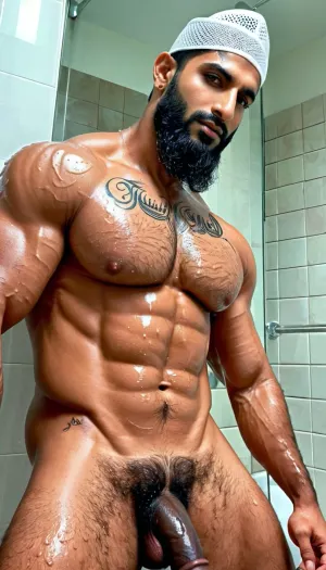 ('Afzal Khan', a Muslim Pathan wearing Pakistani Police uniform), Very ruggedly handsome Big Muscular Indian Muslim bodybuilder getting naked inside the Mosque bathroom, ((large circumcised black dick)), (Handsome and Hot Muslim hunk with long beard), dark and rough Muslim men, (40 year old, Muslim, tall muscled Arab Indian dark male, rough, dominant, daddy, (hairy armpits and Chest), bodybuilder, perfect fingers, oily Sweaty body, dilf, Big seductive eyes, Wet body, rain drops, ultra sharp high definition details, pubic hair, professional photography, insanely detailed, RAW photo, HDR, hyper-realistic, cinematic lighting, photo realism, ((Married Muslim Man wears white Mesh Muslim prayer Cap, intricate tattoos, wet from sweat, Muslim accessories)), lustful eyes, menacing attitude, softlight, dark illumination, bathroom tiles having arabic language displayed), penis, Big, cock, <lora:xpenis-1.5e:.5>, <lora:pein:.5>