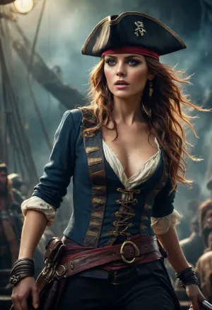 GLAMOUR PIRATE FILM POSTER, IN THE STYLE OF EPIC MOVEMENT, DYNAMIC COMPOSITION, CINEMATIC COLOR GRADING, STUNNING, PHOTOREALISTIC, CHAOTIC ACTION, INTENSE EMOTION.