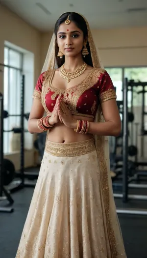 Photorealistic, ultra high quality, 8k, Beautiful 22-year-old Indian bride, in traditional bridal dress, works out in gym