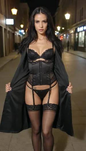 45 years old hawaiian girl, flashing, black satin trenchcoat, leather body harness, black dentelle bra, (slender waist), black lingerie corset, stockings, black dentelle panty, black long hair, street at night, black stiletto, high quality face details