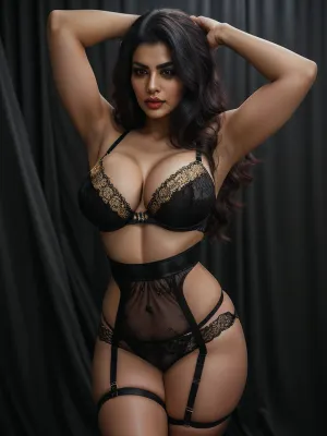 A Persian curvy woman in a dark, gold-embellished, lace lingerie set with structured straps and a high-waisted design, posing against a moody, dark gray backdrop, her arms are raised, showcasing her sculpted physique. Her long, dark hair and serious expression complete the seductive imagery, pro studio lighting.