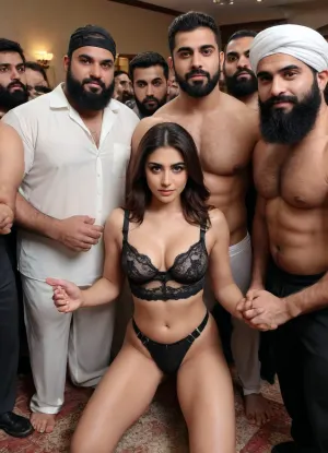 A Persian slut girl in luxury lingerie and harness, curvy body, sad face, surrounded by a gang of tall Bearded Handsome Muslim men in Haj, Muslim man's hands are tightly wrapped around her body, Pakistani Muslim bodybuilder Hunks harressing the gorgeous girl, (photorealism), gangbang kissing and embracing, intimate and lusty sex