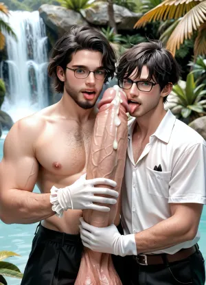 55 years old, gay men, black short haircut, wearing glasses, (black hair short hair), with beard, hairy chest guy, garter straps, satin ruffle gloves, high platform shoes, open mouth, detailed faces, flat gay chest, white dick, massive gigantic cock, gay men hugging penis, gigantic cock resting on gay men chest, licking the massive cock, horizontal cock, gigantic sized penis, gay men wearing white satin push bra, licking cock, licking penis shaft, huge cum shot, explosive cum shot, tropical waterfall nearby, sunny weather, rocks around, tongue out, licking penis, looking at viewer, cock on gay men chest, ZX