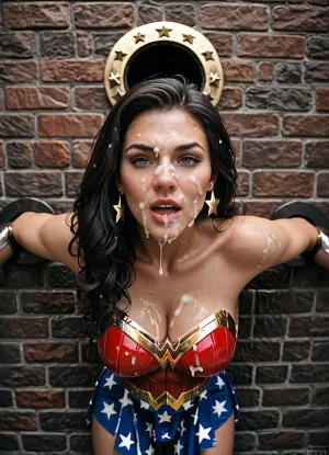 Wonder Woman, wall hanging, bent over, ((waist stuck in wall)), ((wall of glory)), cum on face, wet body