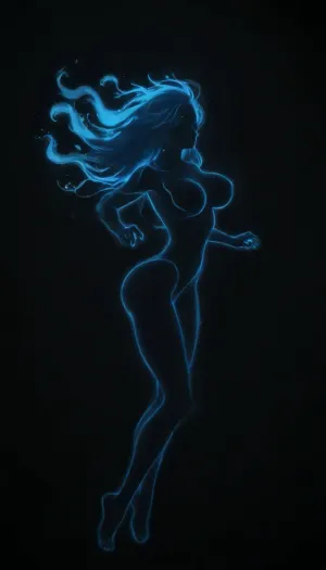Gorgeous slender woman, large breasts, thin waist, firm ass, toned legs, flat stomach, vey long hair, (no light source:2), (silhouette outline:2), solid black background, (floating:1.2), legs straight down, (feet pointed), ((engulfed in blue fire:1.3)), (wreathed in blue fire:1.2)