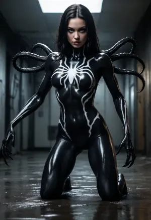 Full body shot. black wet hair woman, muscular, Her body merge with venom symbiote, (black symbiote, white spider on her chest), she is a symbiote mutant, transformed. Hands have long claws. Feets have claws. Extremely detailed photo, detailed skin, detailed face. She is in a dark room. Black Tentacles on the ground. She is standing on her toes, with many black tentacles on her, her eyes are dark