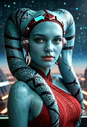 Star wars, Twi'lek, blue skin. Green eyes, bright red dress, turquoise jeweled headband. Futuristic cityscape background.