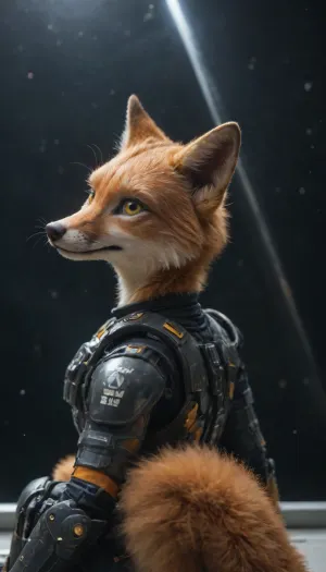 (on spaceship), ((black space and bright stars outside)), ((large sharping stars on outside)), (Knee-deep in the frame:1.5), (perfect body), (Focus on the big porthole:1.2), ((a glance out the porthole)), (narrow long nose like a fox's:1.3), ((very short hair on head)), Elegant body, (anthro fox-furry:1), (Large yellow eyes with narrow pupils), (red fur), (in a Futuristic tight black armored rubber suit with yellow inserts:1.2), (exoskeleton:1.2), (Black circle with a wide, (green), , , ring, 8 small white stars on the ring, one large white star in the center of the black circle, emblem located on the shoulder:1), leaning casually against the spaceship bulkhead near a large spaceship window. Half-body shot focused on her detailed fox face and the bright, ((Milky Way visible through the glass)), Side profile view, head turned thoughtfully towards the vastness of space. Orange fur is ultra-detailed and contrasts beautifully with the monochrome suit. Fluffy fox tail rests gently by her side. Graceful yet relaxed posture, no distortion of figure. Extremely soft dim lighting with no glares or reflections, emphasizing the ancient beauty of the stars. Focus on emotional depth and cinematic composition