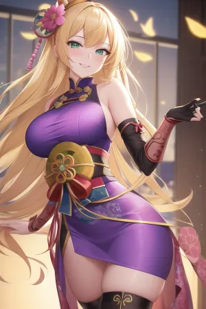 photo, cheerful blonde, (((masterpiece))), (((best quality))), 2d, behance, majestic, dressed in a nice purple Ming Dynasty costume, [superhero costume], (Wrap top:1.2), a hefty samurai, (exquisite 1girl, solo:1.3), she's Alluring, reimagined, she smiles like a Ninja, her hair Multicolored, Lake, Modern, Peaceful, Swirling pink sakura flower, Hipster art, Nostalgic lighting, Pale skin, Green detailed eyes, flawless, stands in a lecherous sexual position, fertile, imposing, dramatic, complimentary colors, <lora:add-detail-xl:.5>, <lora:3DMM_V12:.5>, .