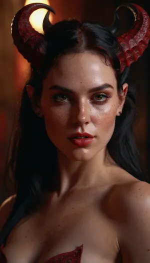 A seductive and alluring female succubus posing in human form, with a subtle yet striking blend of demonic and mortal features, exuding an aura of mystery and seduction., playful, freckled face, high detail, good quality, photorealistic, perfect lighting, ultra realistic, 8k resolution, ultra detailed, profe