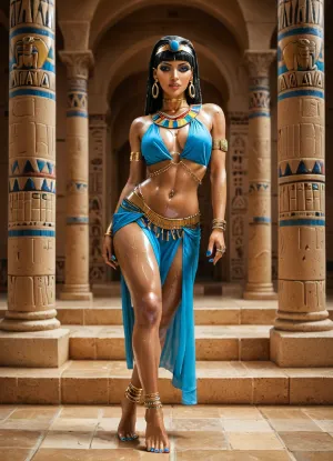 Cleopatra fully dressed, straight black hair, blue toenail polish, blue fingernail polish, fit body, Egyptian jewelry, anklets, belly chain, thigh straps, bangles, bracelets, pharaoh headband, gold choker, necklace, toe rings, earrings, ring bracelets, rings, oiled body