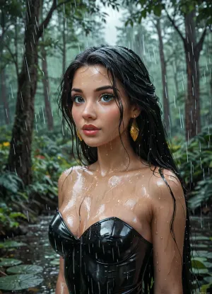 Pocahontas, Disney, Disney Princess, classic costume, latex clothing, wet body, rainy day, in the forest, 3/4 body view, detailed background
