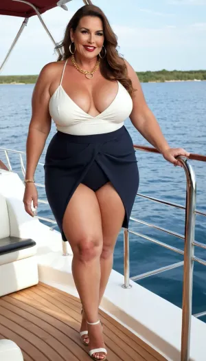 sexy mature, sexy 55 years old, brunette hair, long wave hair, glamour, big hoop earrings, necklace, wide hip, wide shoulder, thick body, very thick legs, curvy, very tall, small tits, gold necklace, looking at the camera, cellulite legs, cellulite but, huge culottes, long legs, charming, very fat ssbbw, thick calf, very hot and horny, pointed stilettos slingback, pointed slingback stiletto, red and white bikini, high waisted bikini, very high waisted bikini, sexy smile flirting face, on the boat, walking toward the camera, pointed stiletto sling back focus, big culottes