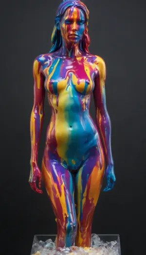 woman, (Sexy statue made of melting ice cream in a cone:1.5), (colorful body:1.97), black background