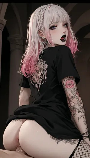 goth woman, long white hair with pink highlights, tattoos, piercing, black lipstick, black oversized t shirt clothes, fishnets, round ass, open mouth, with a sexy dress, standing sex, reverse cowgirl, <lora:detailed_notrigger:1>, youngAdult, <lora:YoungAdultSDXL:-2>