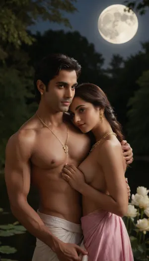 An exquisite Indian royal prince patially clothed, his tall, muscular frame bathed in the moon's ethereal glow, standing with a gentle smile playing on his full lips as he gazes adoringly at his voluptuous lover, a shy yet alluring princess. Her large, dark eyes are filled with a coy mix of passion and innocence, her cheeks a soft pink from the night's embrace. The princess is adorned with a dazzling array of jewelry that glitters like the stars, highlighting the elegance of her bare neck and ears. Her sumptuous breasts are partially revealed, the intricate garments clinging to her figure hinting at the treasures beneath. The shaved mound of her pussy stands as a symbol of purity and readiness, her delicate folds peeking out with inviting vulnerability., ((focul character)), The prince, topless, reveals his strong, defined chest and muscular arms, his eyes dark and smoldering with a silent promise of pleasure and protection. The royal park surrounding them is meticulously manicured, with tall, stately trees heavy with white roses that frame the intimate scene, their fragrance saturating the air. A small pond with lotus blossoms reflects the moon above, their union mirrored on the tranquil water's surface. The full moon casts long, sensual shadows across the lovers, its light dancing upon the lotus blossoms, a silent testament to the purity of their love. The scene is steeped in serene eroticism, leaving the viewer captivated by the private, moonlit embrace of these two royal hearts.
