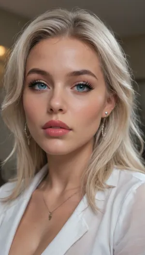 professional photo. luxury dark style, huge beautiful shiny bottomless blue eyes, huge fluffy eyelashes, arrows, smoky eyes, giant heavy bust, luxurious straight long platinum hair, earrings, bimbo, night in a chic bedroom, passion, smoky look of a passionate wild cat, wet red plump lips, posing close-up very close, stunning eyes