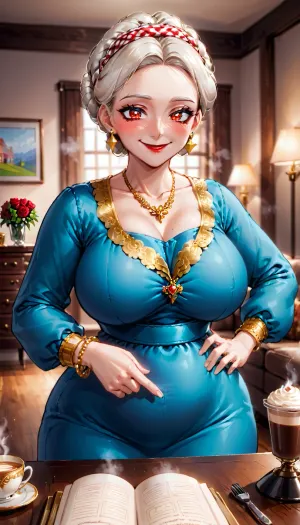 A stunningly attractive 58-year-old Pakistani woman, a GILF, (Granny I'd Like to Fuck), who exudes confidence and sex appeal. She is dressed in a figure-hugging traditional shalwar kameez that is both elegant and modern, with intricate embroidery accentuating her curves. The fabric is a rich shade of crimson, which contrasts beautifully with her gold jewelry that includes a necklace, bangles, and earrings that sparkle in the soft light. Her hair is styled in a sleek bun, with a few loose strands framing her face and highlighting her high cheekbones and almond-shaped eyes. The kajal-lined eyes, a hint of blush on her cheeks, and a bold red lipstick add to her allure. She stands in a luxurious living room setting adorned with plush carpets, ornate wooden furniture, and vibrant silk cushions. A bouquet of roses lies on the coffee table nearby, suggesting a romantic ambiance. The background is slightly blurred, drawing focus to her radiant smile and the twinkle in her eyes that hint at a mischievous yet charming personality. Her posture is relaxed yet commanding, one hand resting on her hip while the other holds a cup of steaming tea, which she sips with grace. The overall atmosphere of the picture is warm and inviting, leaving the viewer captivated by her beauty and poise