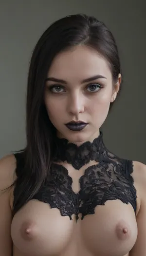 skinny white caucasian girl with dark straight long black hair without bangs, goth, punk rock style, she has extreme dark hazel eyes, wearing lots of black eye makeup with sharp black points at the corner of her eyes, dark lipstick, breasts, cutout, clothing, nipples, <lora:2BoutOvalSDXL2-000002:.5>
