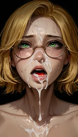 1girl, Sweat girl, pretty girl, green eyes, black bangs, round glasses, excessive facial, cum dripping from nose, shaking orgasm, choking, shaved pussy, ratatatat74, <lora:ratatatat74-000050:1.7>, <lora:ishikeiXL:.9>