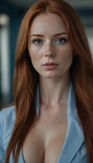 Redhead with freckles 18+, beauty with big juicy buxom bust, Russian, beautiful, athletic figure, long straight hair, shoulder length, straight, black ends, real, close-up, medical uniform, embossed fitness building, athlete, all body, professional photography, background blue, depth of field, modest style, fashionable style