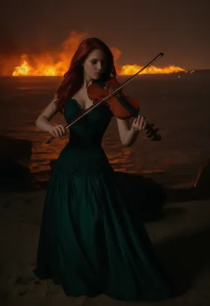 (A poised 19th-century busty red hair Irish sexy girl A violinist plays the violin on the oceanfront near bonfire at night:1.6), perfect beautiful green eyes, storyteller, Her gown blends lower-middle-class Victorian elegance with a touch of modern influencer flair, her focus unwavering, morphing into tiny dragons and majestic firebirds that dance around her, locked in an ethereal battle. Unnoticed, the young sexy woman remains engrossed in her creation, her world alive with the magic of her words, mistic magic atmosphere, soft light from bonfire, bmbplora, <lora:bimboxl_02:.5>