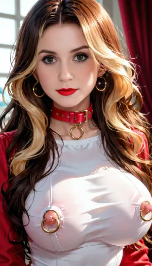 Red/brunette hair, (long hair:1.6), (wavy hair:.8), (long red/brunette hair with copper and blonde highlights), pigtails, very detailed eyes, perfect eyes, (green eyes), freckles on face, beautiful face, perfect mouth, perfect lips, red lipstick, smiling, makeup, choker, earings, female blushing, extra detailed, high definition, (boobs:1.3), perky breasts, (((B cup breast size:1):5)), cupping breast, perfect hands, (perfect fingers), perfect red fingernails, slave collar, erect nipples, (bimbo slut clothes:1.4), nipple ring piercings, very voluptuous, curvy, chubby, wide hips, upper body, view from behind, doggy style, taking a big cock deep in the asshole