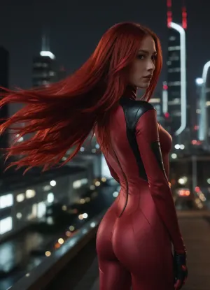 long red flying hairs, dark red plugsuit, black patches, facing camera, at night, background is futuristic city