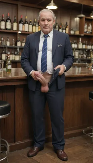 masterpiece, ultra HD, sharp focus, ((full body view)), ((old man)), in business suit in a busy public bar, he is leaning against the bar, his trousers are unzipped and his large penis is visible, big penis, perfect penis, the crowd are looking at his penis, busty barmaid looking at his penis, <lora:xpenis-1.5e:.5>