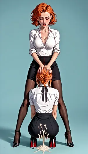 Sexy ginger 20 years old girl staying on her knees in front of herr futanari boss, office outfit, black skirt, pantyhose, high heels, futanari boos put dick in her mouth and cum in her mouth deep throat, boss futanari holding her head, forced her head on his dick, oral sex, excessive, cum, vomcum, <lora:NEOTOKIOXL_0.2_RC:.8>