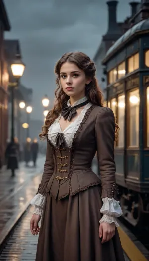steampunk style railroad station, train arriving, steam locomotive first, late night, rainy windy whether, meet-and-greet girl with tiny breasts, wavy brunette hair, in victorian dress standing
