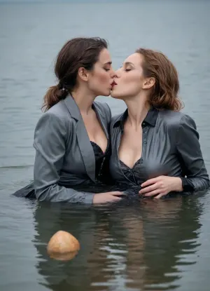 2 woman Frensh kissing, both woman wearing grey wet womens busines suit, wet grey skirts, black bra under wet satin blouse, black pantyhose, high boots, lying in water, in the sea, wet clothes