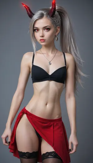 Very long hair ponytail, (Short Textured Haircut), (ruby Rose Hairstyle), (oval shape head), (round head), (feminine belly), (high cheekbones), (beautiful face), (strong jawline), (Beautiful glowing red eyes), (almond-shaped eyes), (long lashes), (tin eyebrows), ((full lips), (170cm high), ((slim body)), (dark nails), (silver necklaces and earrings), (small breasts), (perky breasts), (small ass), (round ass), (firm ass), (toned legs), (lean legs), (feminine legs), (well-defined feet)), frieren-aura, horns, pink, hair, purple, blue, eyes, multiple, braids, bare, shoulders, black, gloves, thighhighs, elbow, navel, cutout, white, skirt, red, cloth/skirt, cleavage, <lora:add-detail-xl:.6>, <lora:Colorful Hair Slider_alpha1.0_rank4_noxattn_last:.6>, <lora:loraeyesxl:.6>, <lora:DetailedEyes_V3:.6>, <lora:aura-animagine:.4>