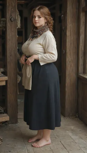 medieval England, a village, a beautiful curvy mature milf, 40 year old, full-length image, peasant woman in a knee-length white linen shirt with a straight slit in the front and a turn-down collar, with wide sleeves without cuffs sewn in with gusset inserts, The sleeves of the shirt are decorated with bright embroidery at the bottom, long, narrowed at the wrist with stitched small folds, a woman wears a long dark skirt over the shirt and a light knee-length apron. The skirt gathers at the waist and is trimmed at the hem with bright braid, the apron is also decorated with braid, over this she wears a dark sweatshirt with long sleeves and a low neckline, fitted at the waist, a fringed shawl on her shoulders, Her head is covered with a scarf, her ginger hair is curled into temple braids, intertwined with wide ribbons., plump, skindentation, chubby, bbw, venus, body, big, breasts, ass, <lora:Chubby BBW - XL:.5>, <lora:tbh45-sdxl:.5>