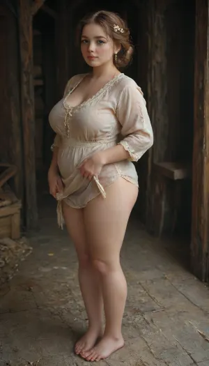 medieval England, a village, into old hut, a beautiful curvy mature milf, 40 year old, full-length image, peasant woman in a knee-length white linen shirt with a straight slit in the front and a turn-down collar, with wide sleeves without cuffs sewn in with gusset inserts, The sleeves of the shirt are decorated with bright embroidery at the bottom, long, narrowed at the wrist with stitched small folds, a woman wears a long dark skirt over the shirt and a light knee-length apron. The skirt gathers at the waist and is trimmed at the hem with bright braid, the apron is also decorated with braid, over this she wears a dark sweatshirt with long sleeves and a low neckline, fitted at the waist, a fringed shawl on her shoulders, Her head is covered with a scarf, her ginger hair is curled into temple braids, intertwined with wide ribbons, barefoot, plump, skindentation, chubby, bbw, venus, body, big, breasts, ass, dark, chiaroscuro, low-key, <lora:zavy-cntrst-sdxl:.5>, <lora:Chubby BBW - XL:.5>, <lora:tbh45-sdxl:.6>