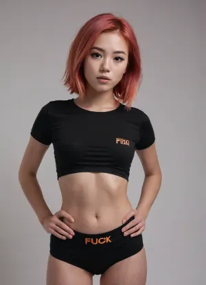 glossy orange red pink hair, long bob hair, 19yo girl, japanese face, slightly open mouth, serene expression, underboob shirt, boxer shorts, ((black clothes)), ((small logo "FUCK")), stands infront of you, ((hands on hips)), ((white background)), ((focus on face))