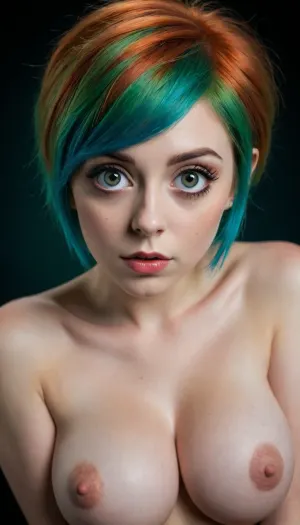 girl with green and red hair in a long pixie cut hair seen from the 3/4 side, (big eyes:1.3), Black background, (((huge nude natural tits))), (((one Hand behind head))), (((first eye green, second eye blue)))