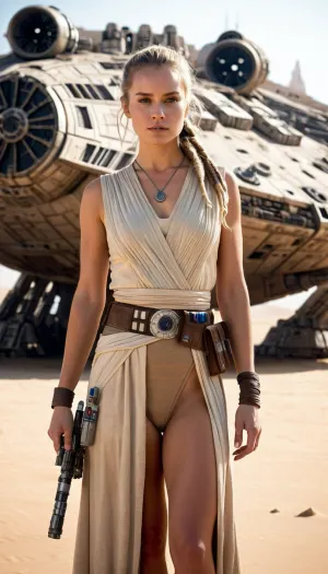 Star Wars Style, heroic full body portrait of a female dignified solo Jedi Warrior, standing in huge spaceport on desert planet, highly detailed Jedi costume, slender, slim waist, long blonde matted dreadlocks, flat breasted, sweating skin, dirt, perfect tanned skin, lucky charm necklace, lightsaber, belt, highly detailed face, desert, floating warm sunlight, Background, (millennium falcon), R2-D2, shipyard, many droids