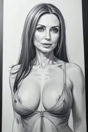 woman, 45yo, mature, (mature_face:1.4), perfect hourglass body, boobs out, without bra, (half potrait:1.5), pencil, sketch, pencil drawing, on paper, <lora:Pencil_Sketch:.8>, ((monochrome)), ((grayscale))