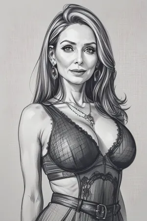 woman, 45yo, mature, (mature_face:1.4), perfect hourglass body, boobs out, without bra, (half potrait:1.5), pencil, sketch, pencil drawing, on paper, <lora:Pencil_Sketch:.8>, ((monochrome)), ((grayscale))