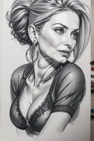 woman, 60yo, mature, (mature_face:1.4), perfect hourglass body, boobs out, without bra, (half potrait:1.5), pencil, sketch, pencil drawing, on paper, ((monochrome)), ((grayscale)), <lora:Pencil_Sketch:.8>