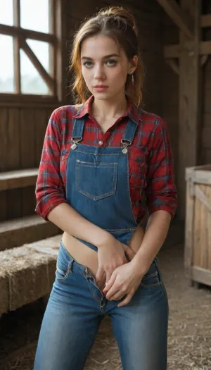 beautiful sexy slender 25 year old woman posing, (masturbating:1.4), denim overalls, flannel shirt, no makeup, hazel eyes, hair bun, ginger hair, cowboy shot, farm, perfect hands, perfect fingers, naked tits, nartd pussy